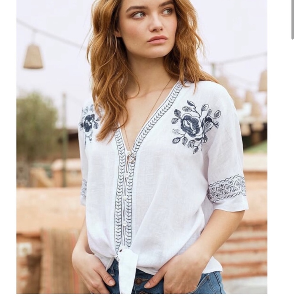 RAILS THEA LINEN BLEND RAYON WHITE BLUE FLORAL EMBROIDERED TIE FRONT SHIRT TOP S